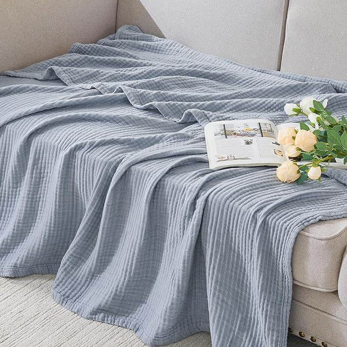 EMME Cotton Muslin Twin XL Blanket Breathable Gauze Soft Lightweight Blankets Adults Gifts for Women (Heather Dusty Blue, 66"x90")
