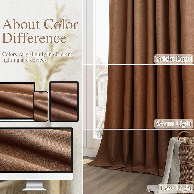 Guken 100% Blackout Linen Curtains 100 Inch Length 2 Panels Set for Living Room Bedroom Back Tab Thermal Insulated Black Out Linen Drapes Room Darkening Window Curtains,Caramel Brown