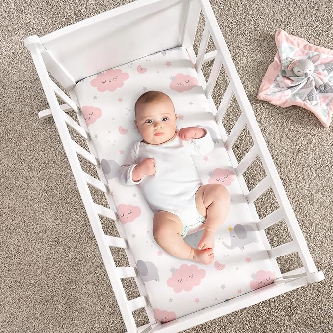 TILLYOU Baby Bassinet Sheets for Girls Boys 2 Pack Baby Sheets for Square Rectangle Oval Bassinet Mattress 33X16 Inch, Elephant & Cloud Pink