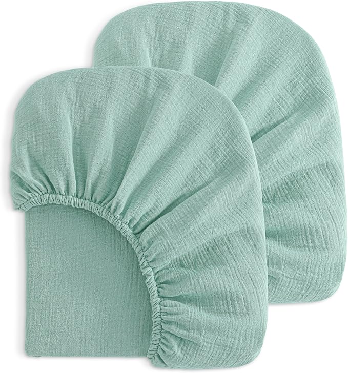 NTBAY 2 Pack Muslin Cotton Crib Sheets, Soft and Breathable Double Layer 28x52 Baby Crib Sheets for Standard Crib and Toddler Mattresses, Boys, Girls, Unisex, Mint, 28x52 Inches