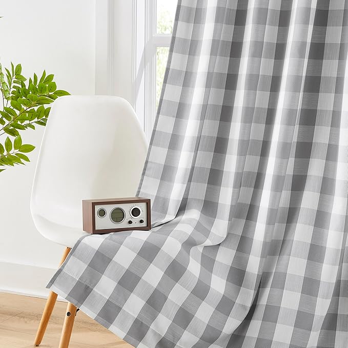 Amzdecor Buffalo Check Plaid Full Blackout Window Curtains 84 Inches Long for Bedroom Noise Reducing Total Room Darkening Grommet Drapes,Vintage Farmhouse Window Treatment,2 Panels,52"x84",Gray White