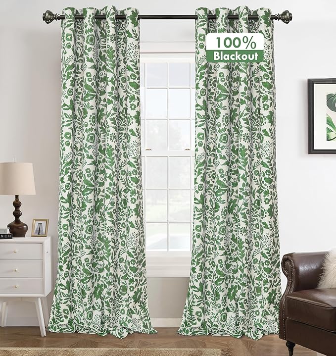 DriftAway Julia Watercolor Blackout Room Darkening Lined Thermal Insulated Energy Saving Window Curtains 2 Layers 2 Panels Each Size 52 Inch by 96 Inch Loden Green