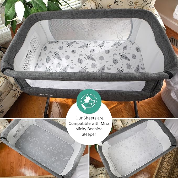 Bassinet Sheets for Mika Micky, Evolur, Larex, Taylengrow Baby, Newton Baby Bedside Sleeper by TansyPanda, 3PC, 33x20, Ultra Soft, Breathable, Snug Fit, Unisex Boys, Girls, Gray White (Space Rockets)