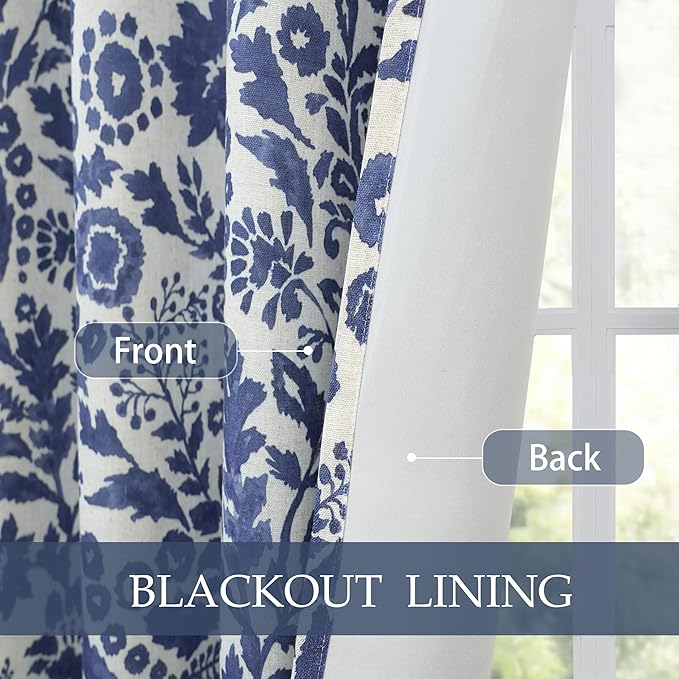 DriftAway Julia Watercolor Blackout Room Darkening Lined Thermal Insulated Energy Saving Window Curtains 2 Layers 2 Panels Each Size 52 Inch by 84 Inch Linen Navy