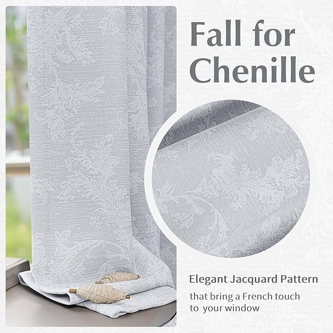 FMFUNCTEX Grey Floral Jacquard Blackout Curtains 96 Inches Long for Bedroom, Scroll Flower Chenille Farmhouse Curtains for Living Room Darkening Thermal Insulated Grommet Window Drapes 2 Panels