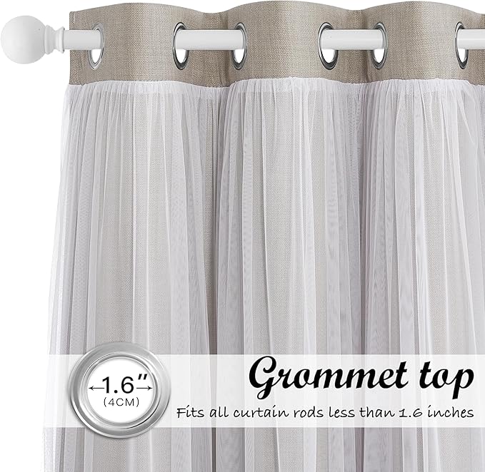 NICETOWN Faux Linen Blackout Curtains with Sheer Overly 84 inch Long for Living Room Bedroom, Grommet Thermal Insulated Curtain Panels for Kids Baby Room, 52" Wide per Panel, 2 Panels, Anogra