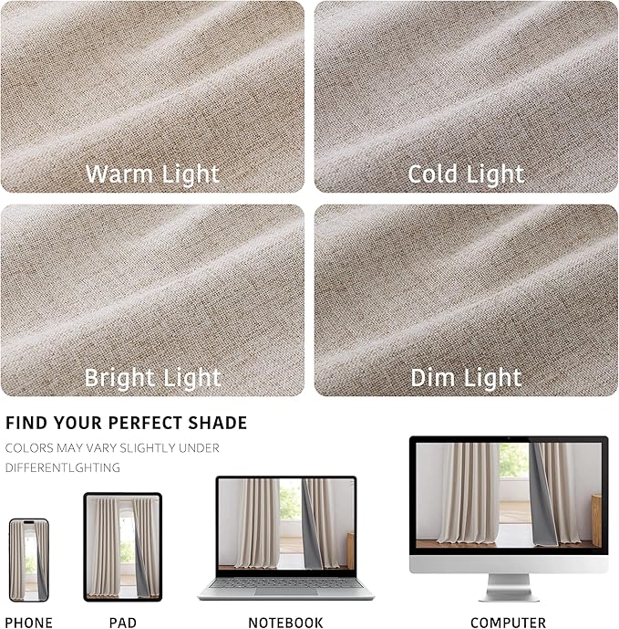 NICETOWN 100% Blackout Linen Curtains 90" Long for Bedroom, Thermal Insulated Living Room Curtains with Liner, Farmhouse Style Linen Blend Window Draperies for Dining Room (2 Panels, 52" W, Natural)