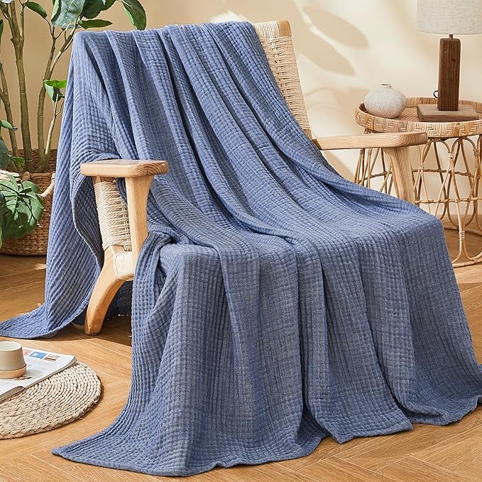 EMME Cotton Muslin King Blanket Bed Layering Bedspread Coverlet Breathable Gauze Soft Lightweight (Heather Navy, 108"x90")