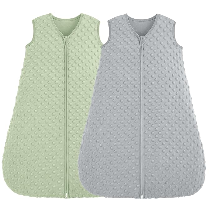 FIEMOL Fleece Baby Sleep Sack 6-12 Months, 1.5 TOG Cotton Baby Wearable Blanket With Soft Plush Dots, 2 Pack Newborn and Infant Warm Sleeping Sack with 2-Way Zipper Green&Grey