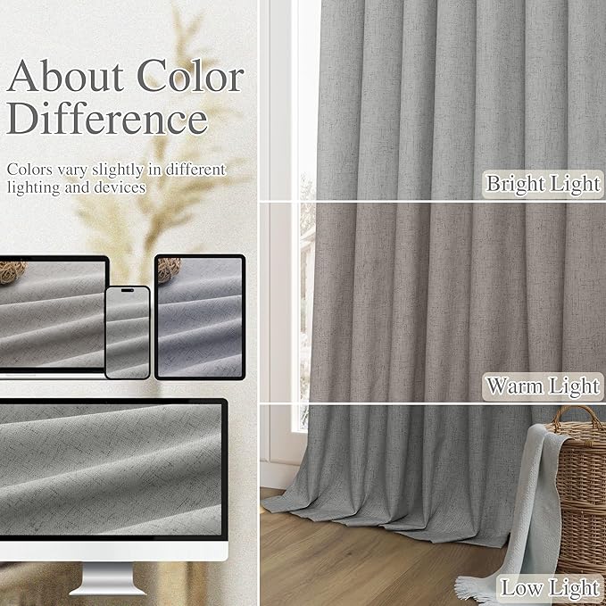 Guken 100% Blackout Linen Curtains 63 Inch Length 2 Panels Set for Living Room Bedroom Back Tab Thermal Insulated Black Out Linen Drapes Room Darkening Window Curtains,Dark Grey