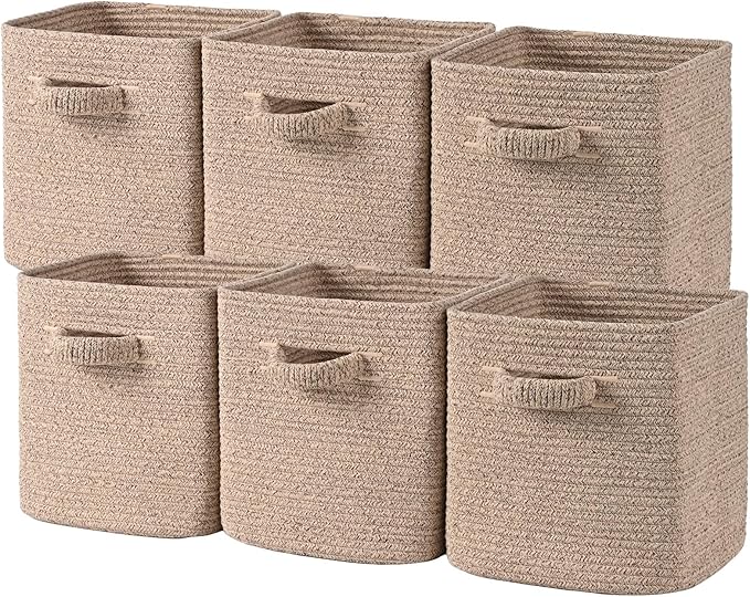 11 Inch Storage Cubes, 6 Pack Cube Storage Bins for Organizing, Cotton Rope Woven Baskets for Shelves, Bathroom, Kids Room, Closets, Baby Nursery