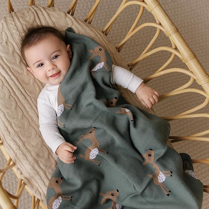 Soft Baby Swaddle Receiving Blanket - 100% Cotton Knit Soft Cozy Receiving Swaddling Quilt Blanket for Shower Gift Registry for Newborns, Infants, Toddlers (Deer - Sage)
