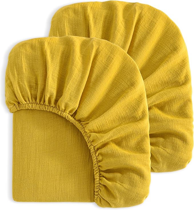 NTBAY 2 Pack Muslin Cotton Crib Sheets, Soft and Breathable Double Layer 28x52 Baby Crib Sheets for Standard Crib and Toddler Mattresses, Boys, Girls, Unisex, Ginger Yellow, 28x52 Inches