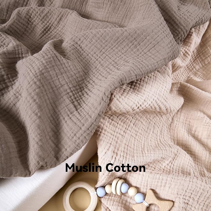 TILLYOU 2 Pack Muslin Crib Sheets for Boys and Girls, 100% Cotton Fitted Crib Sheet for Toddler 52x28 Standard Crib Mattress, Grey Brown and Light Brown
