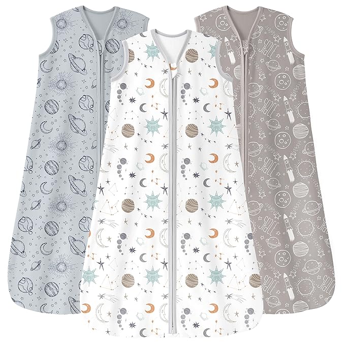 Unnivoll Baby Sleep Sack 6-12 Months 3 Pack 100% Cotton Lightweight 0.5 TOG Wearable Blanket Baby Sleep Bag with 2-Way Zipper for Newborn Infant White Gray Blue Space