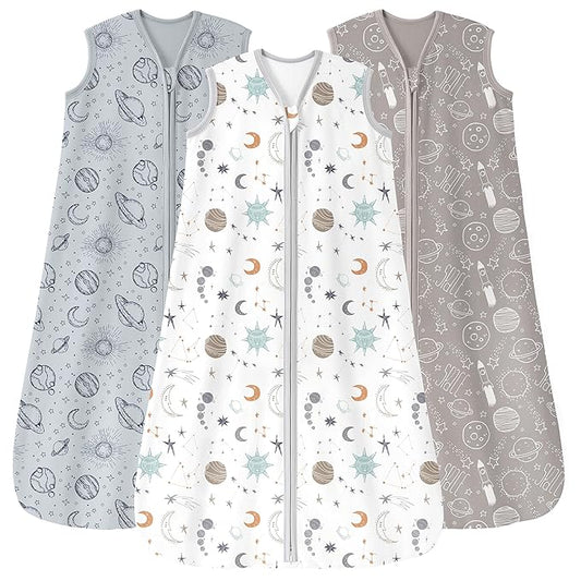 Unnivoll Baby Sleep Sack 12-18 Months 3 Pack 100% Cotton Lightweight 0.5 TOG Wearable Blanket Baby Sleep Bag with 2-Way Zipper for Newborn Infant White Gray Blue Space