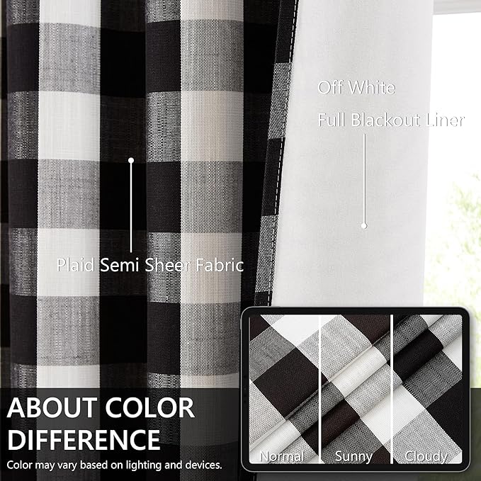 Amzdecor Buffalo Check Plaid Full Blackout Window Curtains 95 Inches Long for Bedroom Noise Reducing Total Room Darkening Grommet Drapes,Vintage Farmhouse Window Treatment,2 Panels,40"x95",Black White