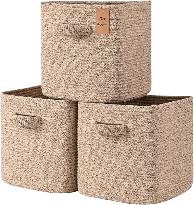 13 Inch Storage Cubes, 3 Pack Cube Storage Bins for Organizing, Cotton Rope Woven Baskets for Shelves, Bathroom, Kids Room, Closets, Baby Nursery