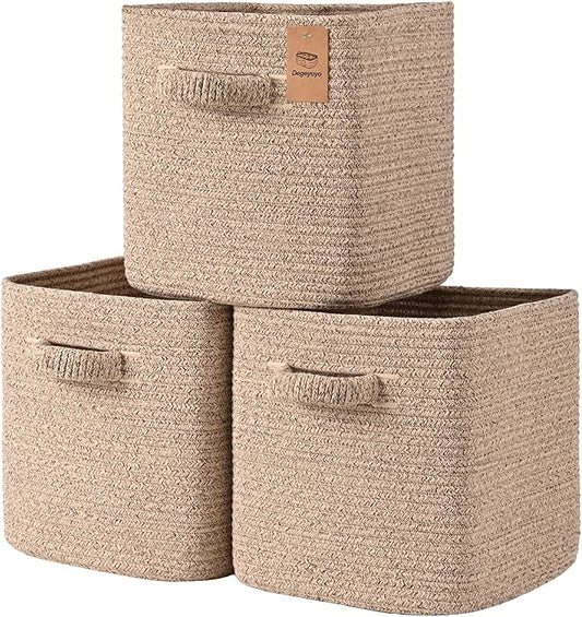 13 Inch Storage Cubes, 3 Pack Cube Storage Bins for Organizing, Cotton Rope Woven Baskets for Shelves, Bathroom, Kids Room, Closets, Baby Nursery