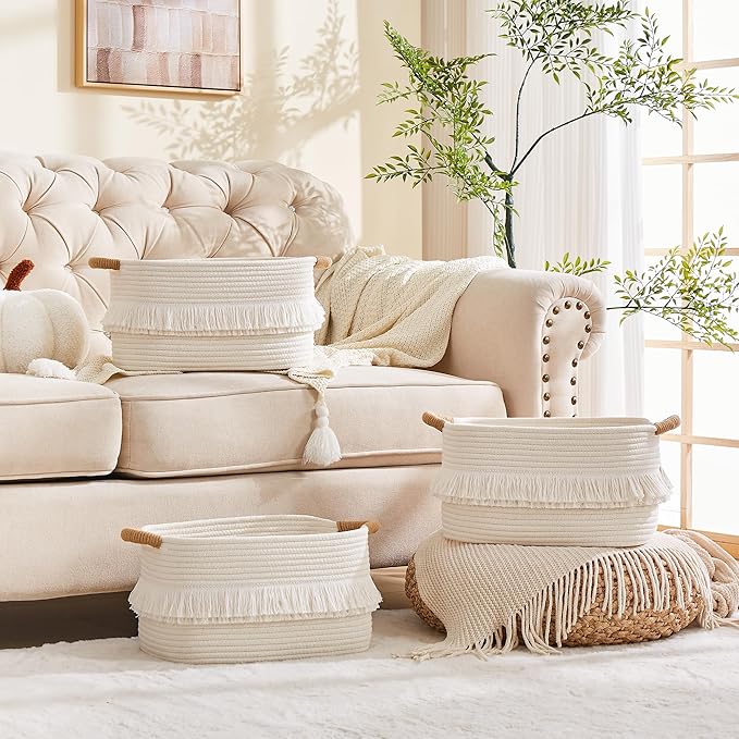 Storage Bins Woven Baskets for Storage Set of 3, Cotton Rope Basket with Handles for Toys/Shelves/Laundry, Rectangle Multi-Purpose Organizer for Living Room, Bedroom, Nursery (White)