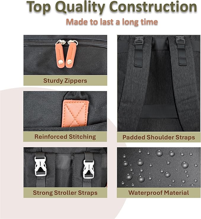 Baby Diaper Bag Backpack - Large Sturdy Bag for Boys & Girls, Changing Pad & Pacifier Case, Large Capacity, Insulated Pockets, Waterproof, Stroller Straps & Carry-on Straps, Unisex - Black