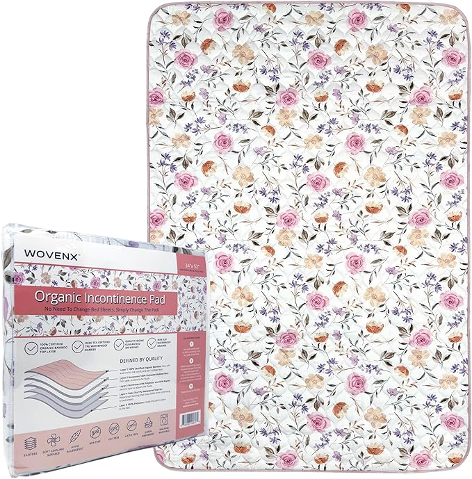 WOVENX Organic Incontinence Pads for Kids & Toddlers - 5 Layer Waterproof Protectors for Overnight Bed Wetting - Reusable & Washable Pee Pads - Fits Twin to Full Size Beds - 34" x 52" Flower