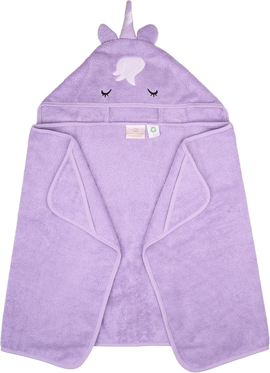 BAGNO MILANO Kids Organic Turkish Cotton Hooded Beach Cover-Up Towel, GOTS Certified, for Boys and Girls (Unicorn Purple, 24"x48"+8"/Hooded Towel)