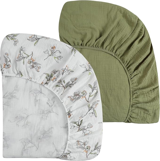Onacosht Muslin Crib Sheets for Boys Girls, Soft Breathable 100% Cotton Baby Fitted Sheet 52" x 28" for Standard Toddler Crib Mattress, 2 Pack, Leaf and Yellowish Green