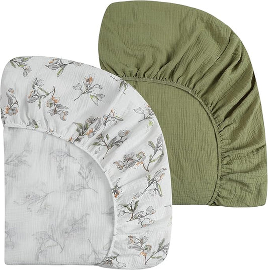 Onacosht Muslin Mini Crib Sheets, 39" x 27" Pack and Play Mattress Sheets Fitted for Pack N Play, Soft Cotton for Boys Girls, 2 Pack, Leaf and Yellowish Green