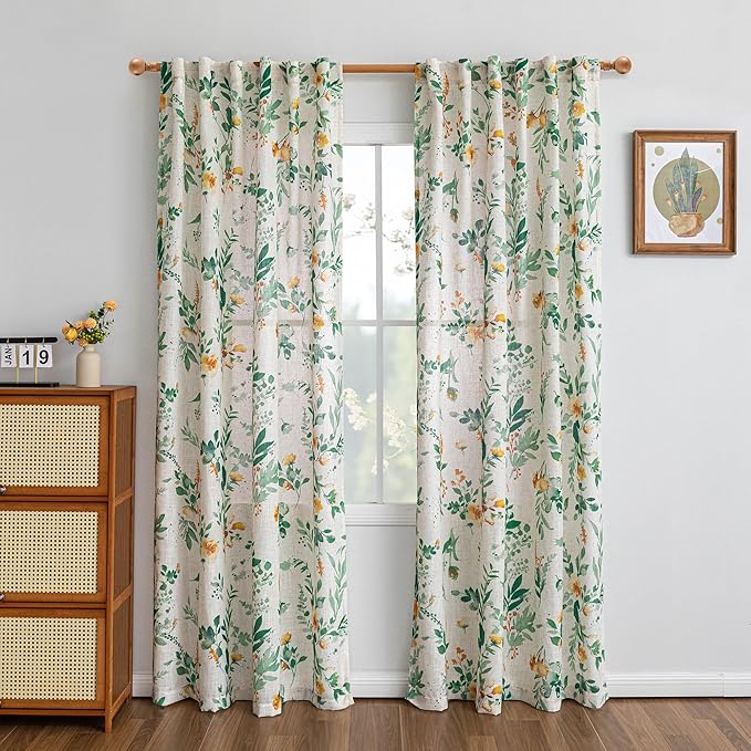 MYSKY HOME Floral Linen Curtains 84 Inch Long Set of 2 for Living/Dining Room, Sage Green Curtains Semi Sheer Light Filtering Farmhouse Flower Patterned Back Tab Drapes, 50" Wide Each Panel