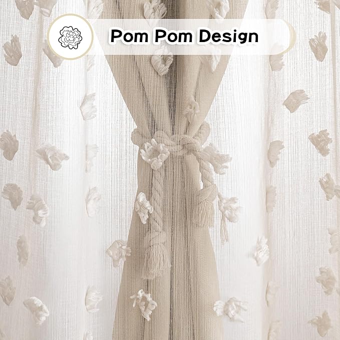 MYSKY HOME Double Layer Curtains for Girls Bedroom Kids Curtain Beige Pom Pom Sheer Window Curtains 2 Panels Beige Curtains Grommet Room Darkening Solid Nursery Curtains 63 Inches Length, W52 X L63