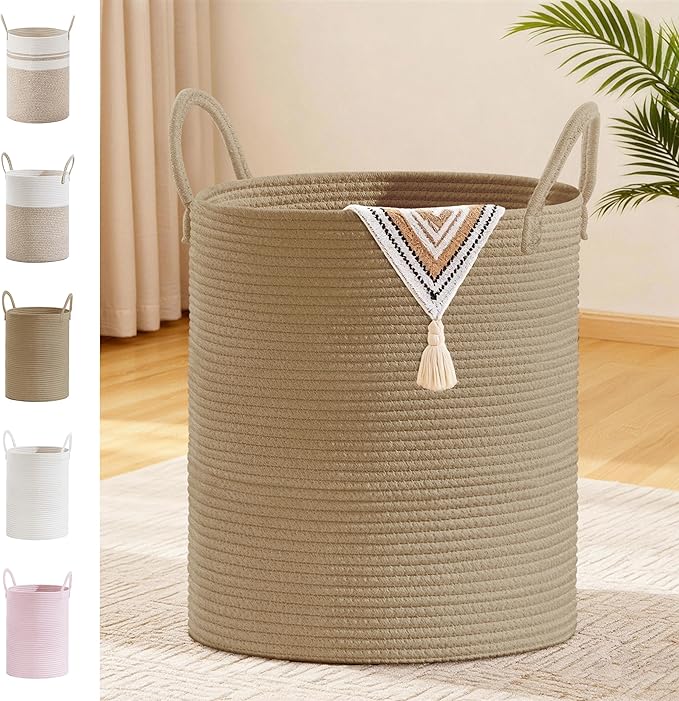 Tall Laundry Basket with Handles, 88L Portable Dirty Clothes Hamper, Boho Cotton Rope Storage Bin for Blankets Kids Toys Gifts, Large Organizer for Baby Nursery Bedroom Bathroom, Jute
