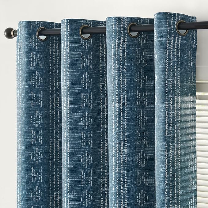 jinchan 95% Blackout Boho Curtains 96 Inch Length for Bedroom White on Blue Geometric Printed Grommet Top Room Darkening Thermal Insulated Window Drapes 2 Panels