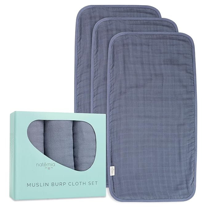 Natemia Ultra Soft Muslin Burp Cloths – Large, Super Absorbent Baby Burp Cloths for Newborn Spit Up - Machine Washable for Drool and Messes Essentials for Boys & Girls, 3 Pack