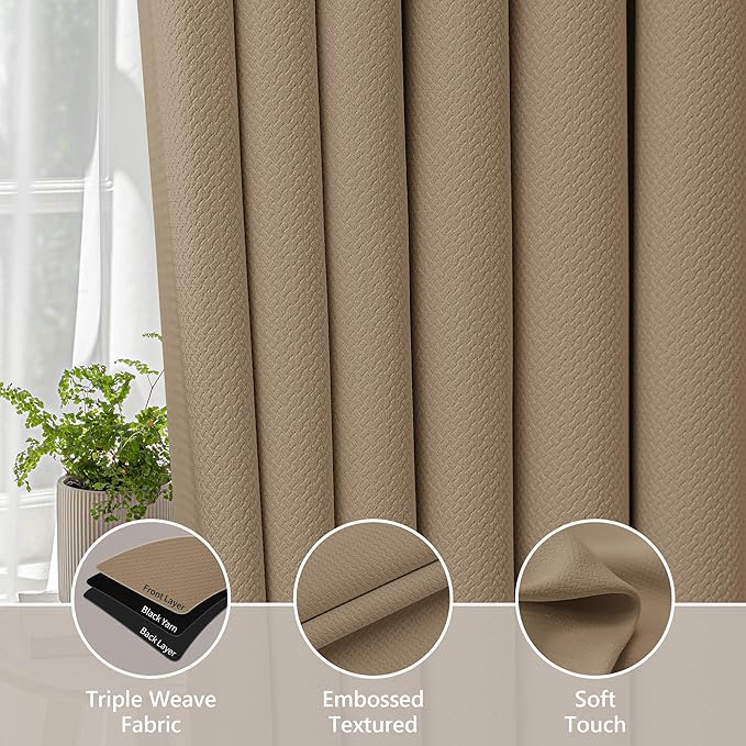 FMFUNCTEX 100% Blackout Curtains for Bedroom, Brown Back Tab Curtain 63 Inch Length Drapery Thermal Insulated Curtains for Living Room, Black Out Drapes Rod Pocket Room Darkening 2 Panels