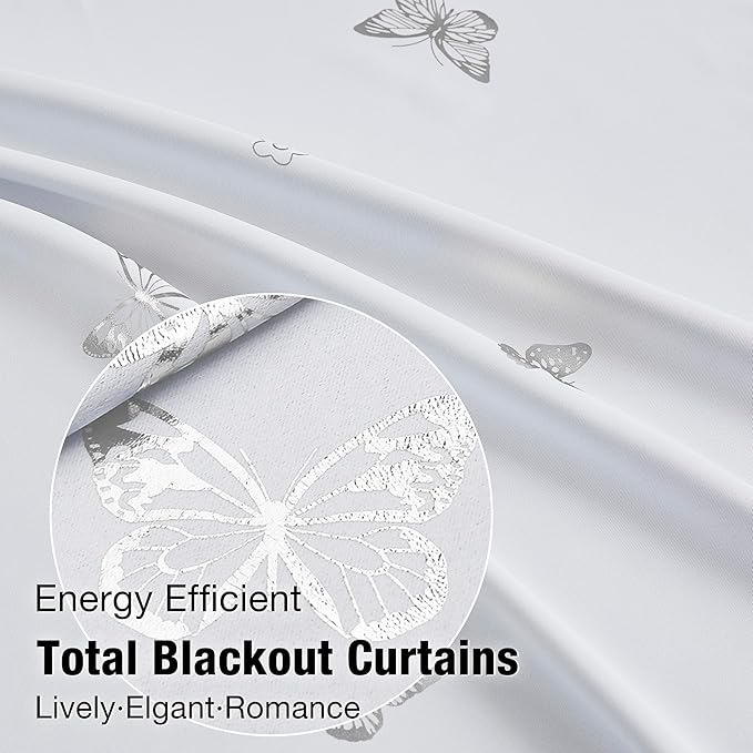 Jubilantex Butterfly Blackout Curtains White Silver 95" Long for Girls Bedroom Living Room Nursery Window Curtains with Black Layer,Grommet Top