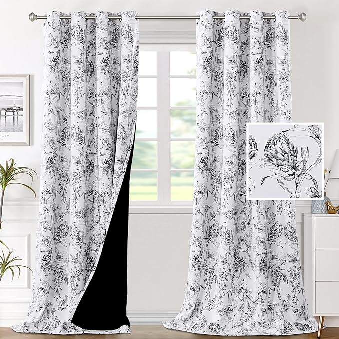 H.VERSAILTEX 100% Blackout Curtains for Living Room Camellia Floral Blackout Curtains 108 Inches Long Light Blocking Window Treatment Curtains with Black Liner Grommet Thermal Drapes, 2 Panels, Black