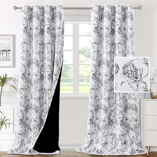 H.VERSAILTEX 100% Blackout Curtains for Living Room Camellia Floral Blackout Curtains 108 Inches Long Light Blocking Window Treatment Curtains with Black Liner Grommet Thermal Drapes, 2 Panels, Black