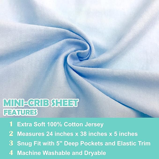American Baby Company 2 Pack 100% Natural Cotton Fitted Mini Crib Sheets 38" x 24" - Soft & Breathable Small Nesting Portable Sheets, Fits Pack N Play Mattresses, Blue, for Boys & Girls