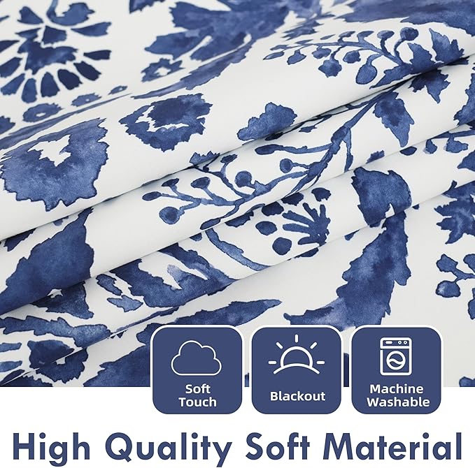DriftAway Julia Watercolor Blackout Room Darkening Lined Thermal Insulated Energy Saving Window Curtains 2 Layers 2 Panels Each Size 52 Inch by 72 Inch Navy