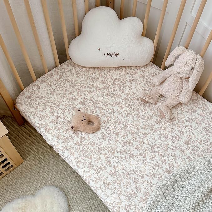 BuLuTu 100% Cotton Muslin Crib Sheets for Girls Boys, Soft Breathable Baby Sheets for 52"x28" Standard Crib Mattress, 2 Pack Toddler Fitted Sheets Nursery Decor, Forest & Rabbit