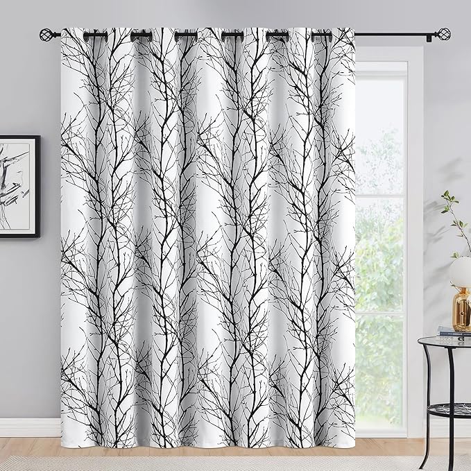 FMFUNCTEX 100% Blackout Patio Sliding Glass Door Curtains 96 Inch Long for Bedroom, Black on White Tree Branch Patterned Drapes for Living Room Divider, Extra Wide Thermal Insulated Panels, Grommet