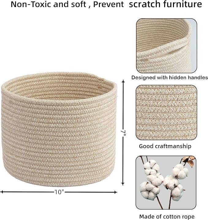 Woven Cotton Storage Baskets - 3-Pack Round Bins (10x10x7'') for Shelves, Closets & Bookcases | Durable Rope Organizers for Nursery, Baby, Toys, Easter & More (Oatmeal)