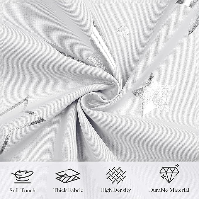 WUBODTI Grey White Blackout Star Curtains for Kids Bedroom Bathroom, Cute Nursery Short Curtains Star and Moon Patterned Space Thermal Insulated Baby Curtain Drapes 54 Inch Length, 2 Panel Sets
