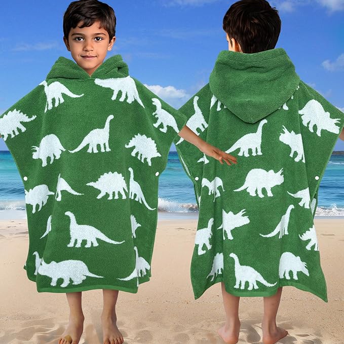 VOOVA & MOVAS Kids Poncho Towels with Hood (4-8Years,28"x28"),Soft Cotton Thick Absorbent Towel Robe for Toddler Boys,Perfect for Bathroom | Pool | Beach | Swimming, Jacquard Green Dinosaur