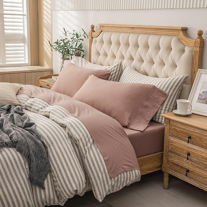 PURE ERA Jersey Knit 4pc Bed Sheet Set 100% T-Shirt Cotton Super Soft Comfy Breathable Fits Mattress Up to 20" Extra Deep Pocket (Solid Petal Pink, Queen)