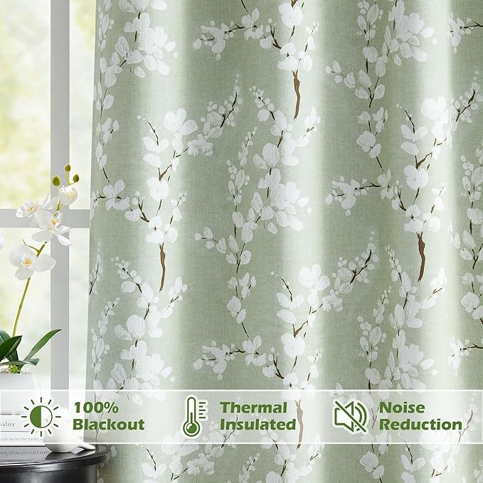 FMFUNCTEX Green Kitchen Valance Curtain for Windows Bathroom Living Room Bedroom, Blossom Blackout Window Valance Thermal Insulated Rod Pocket Valance Curtains, 50" W x 18" L, Sage Green and White