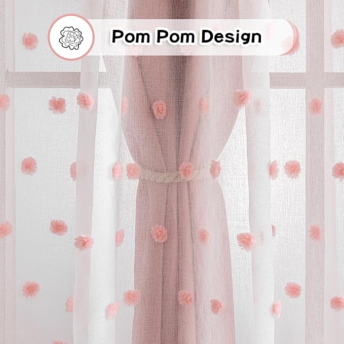 MYSKY HOME Pink Curtains for Girls Room 84 Inches Long 2 Panels Girls Curtains wiht Pink Pom Pom Sheer Blackout Nursery Curtain Room Darkening 2 Layered Window Drapes for Toddler Grommet, 52 x 84 Inch