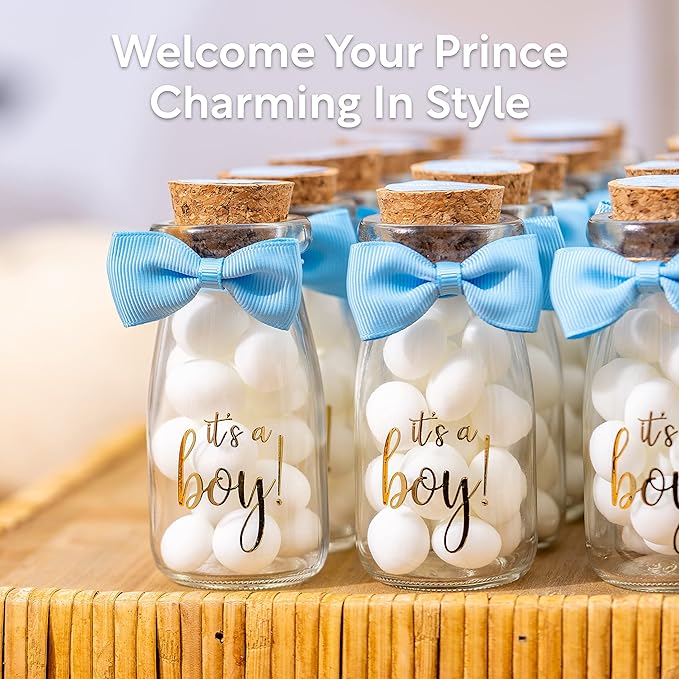 Ethisa Vintage 24 Pack It's a Boy Milk Glass Bottles with Ribbons and Stickers - Classy Baby Shower Favors for Guests and Table Centerpieces - Gender Reveal Boy Decorations - Baby Shower Candy Jar