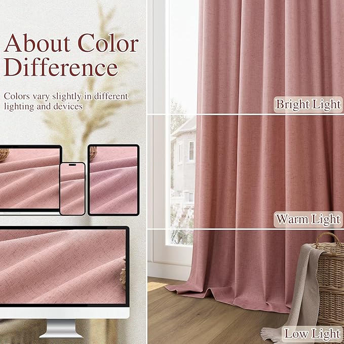 Guken 100% Blackout Curtains 108 Inch Length 2 Panels Set for Living Room Bedroom Back Tab Thermal Insulated Black Out Linen Drapes Room Darkening Window Curtains 108 Inches Long, Ash Rose
